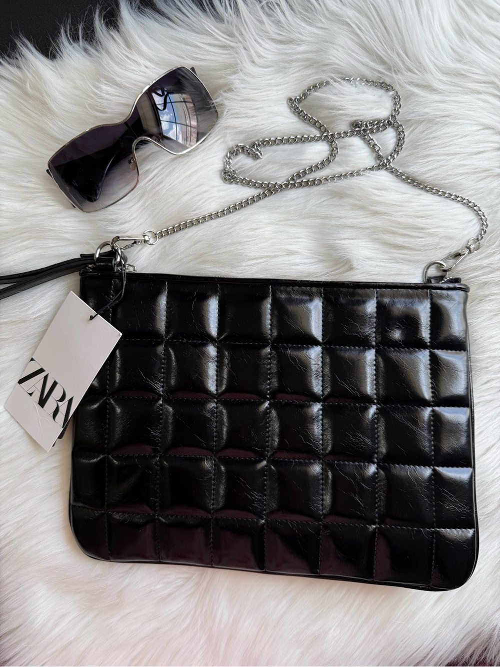 Zara Quilted Clutch Black with Silver Chain - Picture 2 of 16
